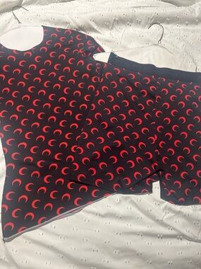 Marine Serre Black Top and Shorts Set and Pants with Red Crescent Print